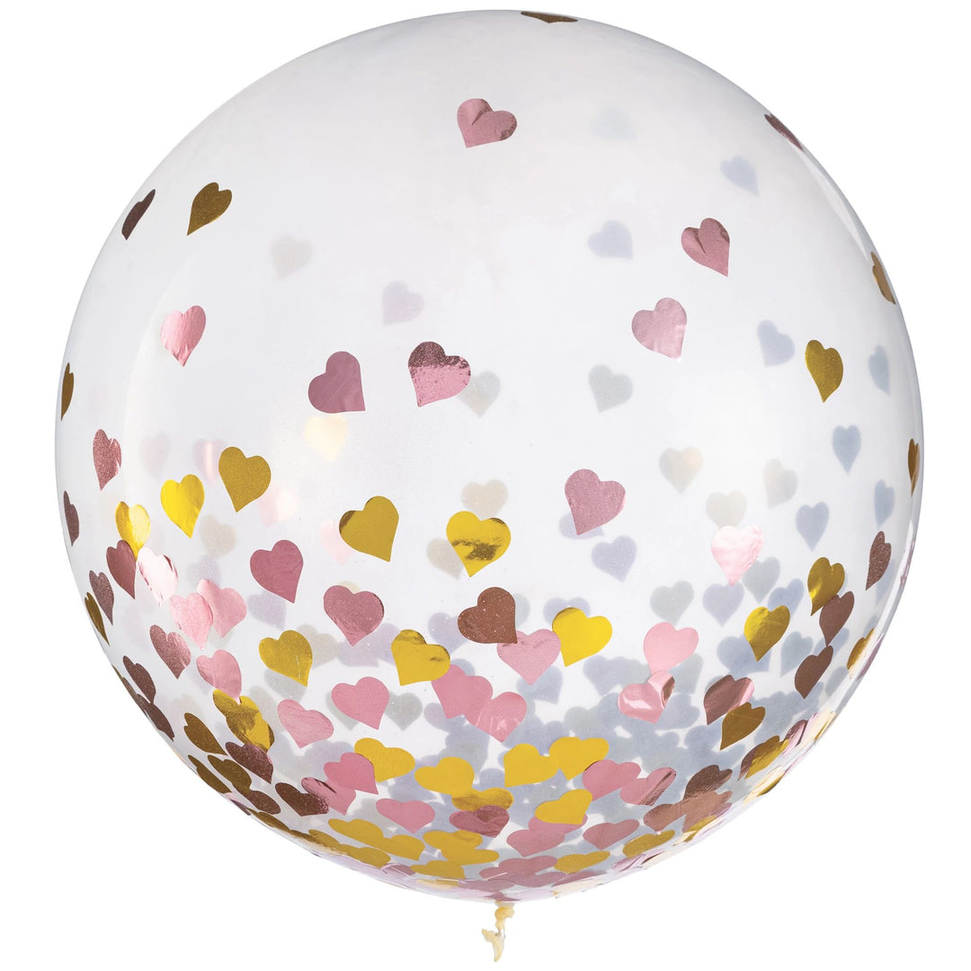 24" Latex Balloons w/ Confetti Hearts, Pink/Gold, Valentine Day Balloons, Heart Balloons,